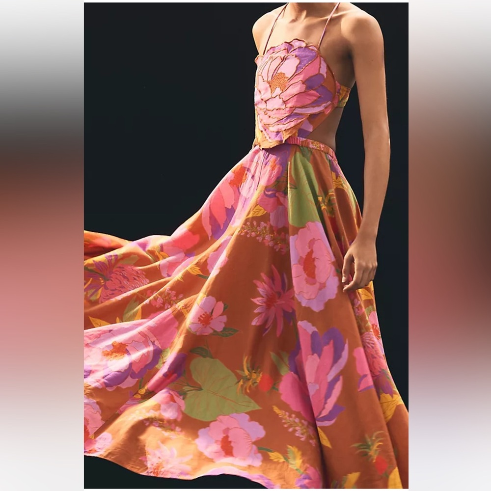FARM RIO Cutout embroidered floral-print linen-blend maxi dress